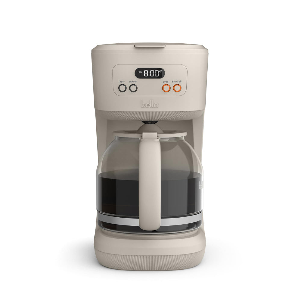 BELLA front view of 12-cup coffee maker showing compact design and benefits