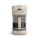 BELLA front view of 12-cup coffee maker showing compact design and benefits