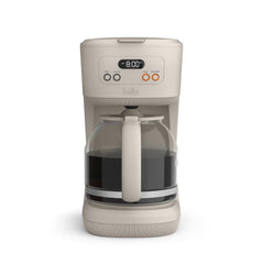 BELLA front view of 12-cup coffee maker showing compact design and benefits
