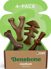 Benebone medium four-pack front box showing contents and durability benefit