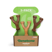 Benebone wishbone front packaging showing three medium bones and benefit of durability