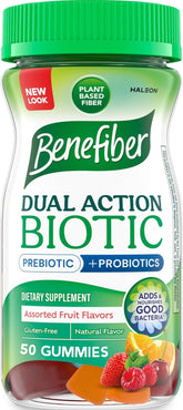 Benefiber bottle front packaging showing 50-count and flavors, helps clear product choice