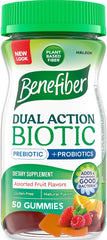 Benefiber bottle front packaging showing 50-count and flavors, helps clear product choice