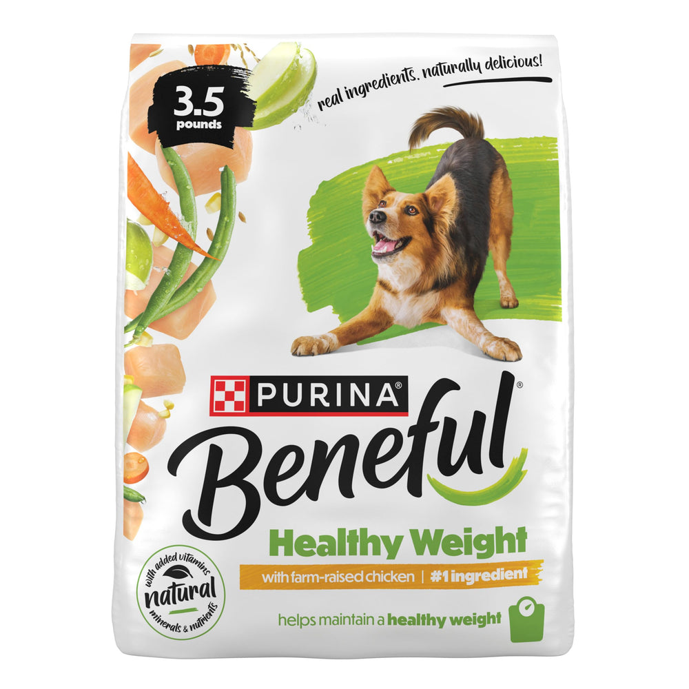 Beneful frente del paquete mostrando fórmula healthy weight y ventaja calórica