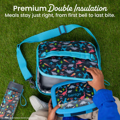 Bentgo lunch bag clipped to backpack for hands-free travel and secure transport