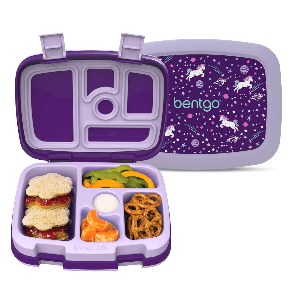 Bentgo kids front view showing five compartments and playful print for easy packing