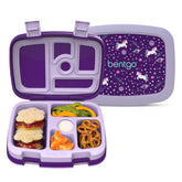 Bentgo kids front view showing five compartments and playful print for easy packing