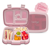 Bentgo front view showing petal pink glitter and secure lid benefit