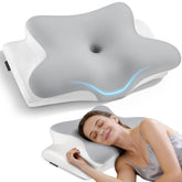 Bespillow vista frontal de la almohada y empaque mostrando soporte ergonómico