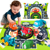 bessome vista frontal del paquete mostrando los seis camiones y la alfombra, ideal para regalo