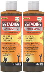 Betadine frasco frontal mostrando etiqueta clara y beneficio de limpieza rápida