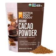 BetterBody Foods front of bag showing 32 oz organic cacao powder and easy storage benefit