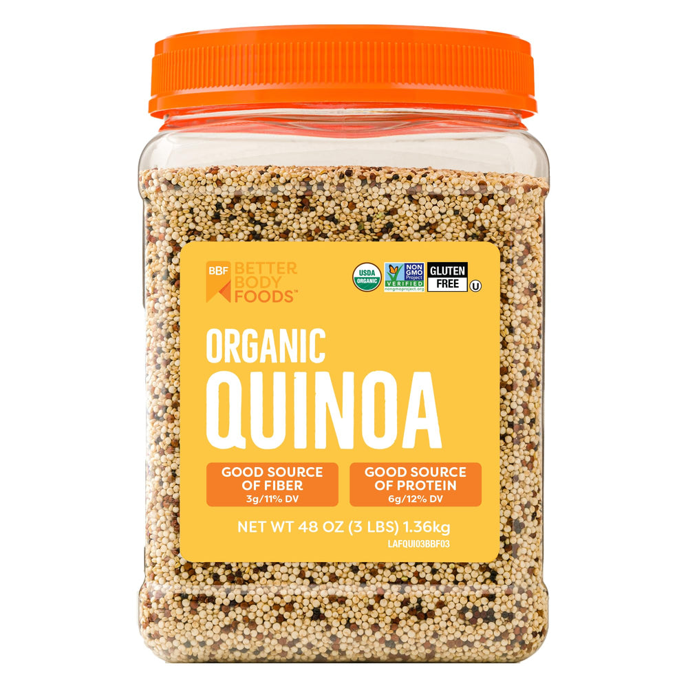 BetterBody Foods empaque frontal que muestra quinoa tricolor y beneficios nutricionales