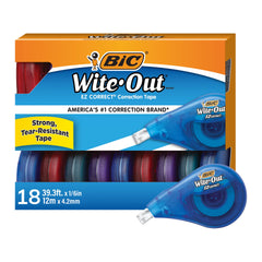 BIC Wite-Out vista frontal del paquete de 18 unidades, suministro escolar visible