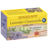 Bigelow Tea caja frontal mostrando lavanda y manzanilla, transmite calma