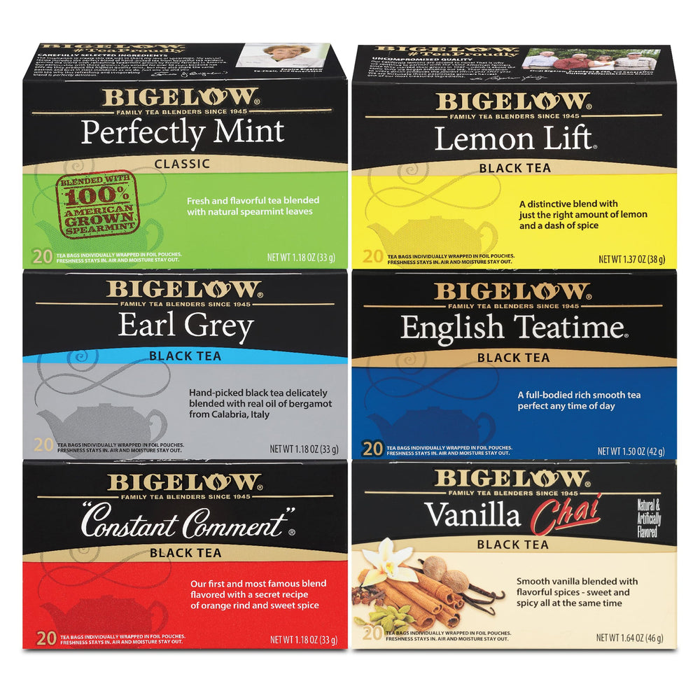 Bigelow Tea frente del envase mostrando variedad y frescura