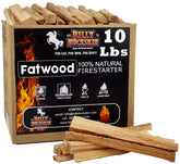 Billy Buckskin box front showing 10lb fatwood supply and quick-start benefit