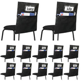 BingLzzr front view of 12 black chair pockets showing neat classroom storage benefit