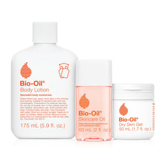 Bio-Oil kit frontal con tres productos mostrando presentación y conveniencia