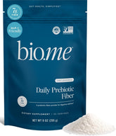 Bio.me front packaging showing clean unflavored prebiotic powder and benefits