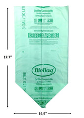 BioBag comparación de tamaño con mano para escala, ideal para botes de cocina