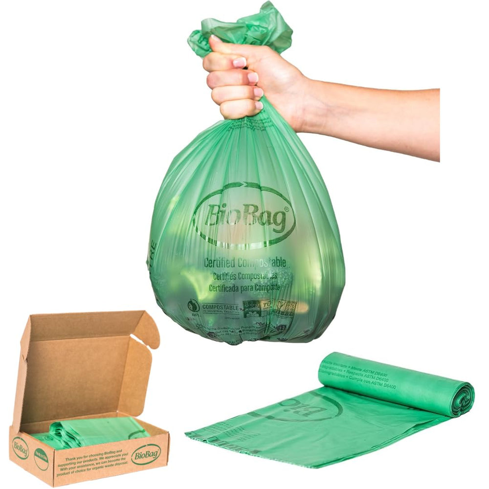 BioBag frente del empaque mostrando 100 bolsas compostables, fácil identificación