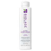 Biolage champú Ultra Hydra Source frontal, envase y beneficio hidratación
