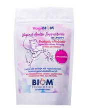 Biom Probiotics envase frontal mostrando 15 supositorios y beneficio de soporte de flora
