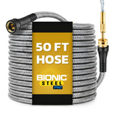 Bionic Steel PRO front view showing full 50 ft hose and nozzle for durable watering