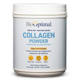 BioOptimal envase frontal del colágeno sin sabor mostrando marca y beneficio de pureza