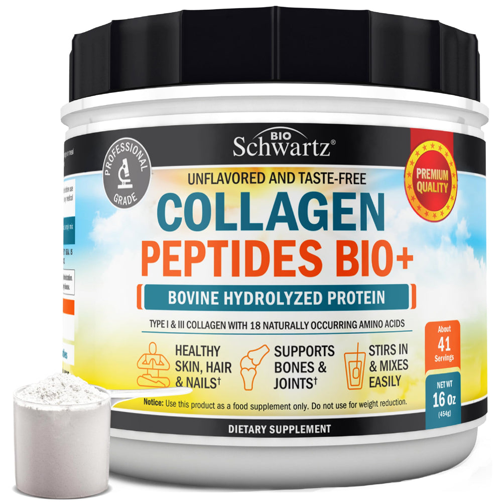 BioSchwartz envase frontal del colágeno sin sabor, aporta confianza de marca