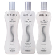 BioSilk kit frontal con champú, acondicionador y sérum mostrando envases y beneficios