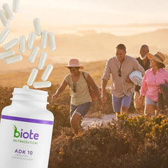 Biote ADK 10 bottle beside common household items showing size and supply benefit