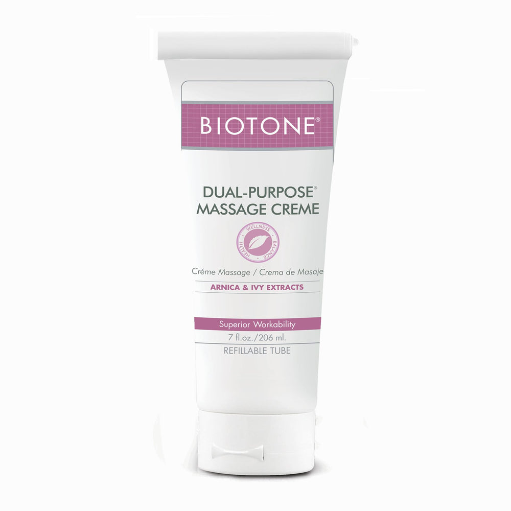 BIOTONE envase frontal de crème de masaje mostrando presentación profesional y beneficio práctico