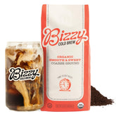 Bizzy empaque frontal de 1 lb mostrando el diseño y beneficio de cold brew