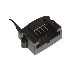 BLACK+DECKER charger with battery half-inserted showing compatibility with slide-pack batteries