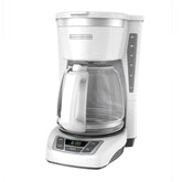 BLACK+DECKER front view showing white stainless coffeemaker and full carafe benefit convenience