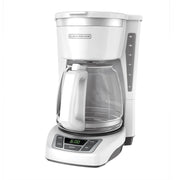 BLACK+DECKER front view showing white stainless coffeemaker and full carafe benefit convenience