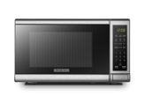 BLACK+DECKER front stainless steel microwave showing sleek finish and compact footprint