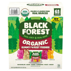 Black Forest caja frontal mostrando 65 sobres individuales para snacks orgánicos
