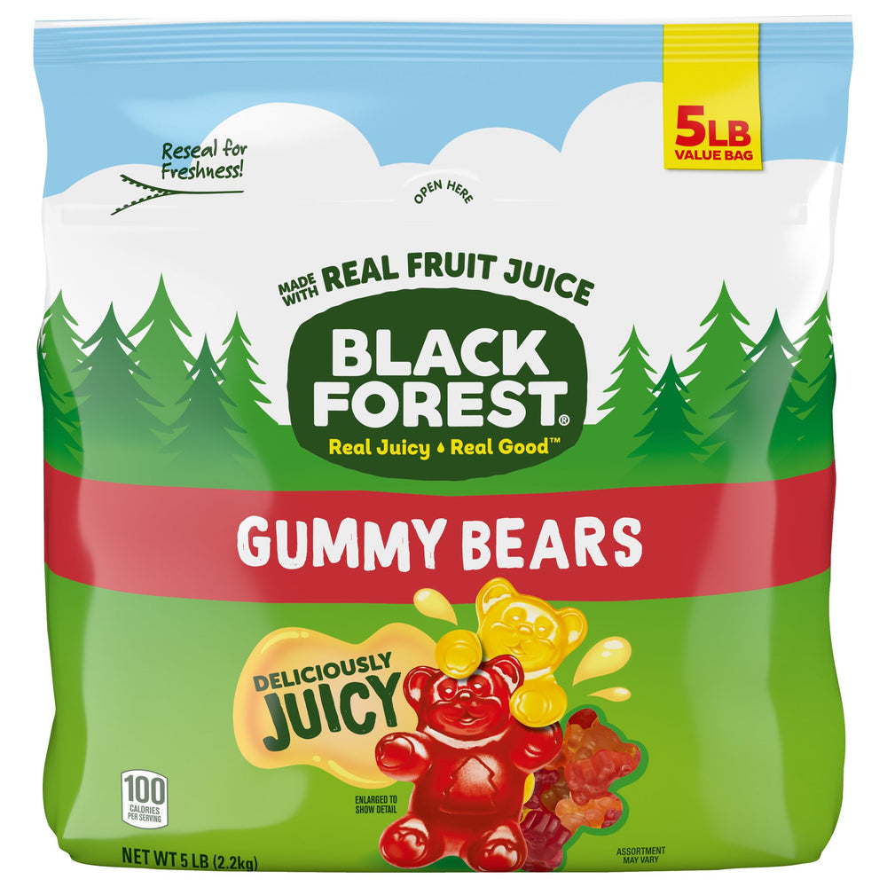 Black Forest bolsa frontal mostrando 5 libras y variedad de ositos, ideal para compartir