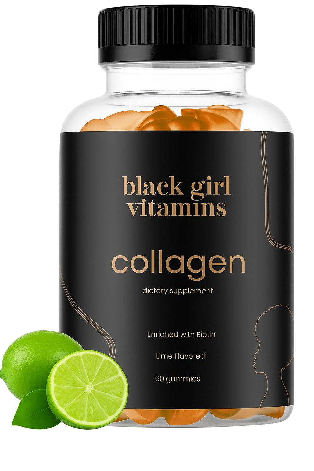 Black Girl Vitamins envase frontal mostrando 60 gominolas lime y beneficios