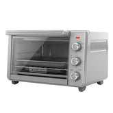BLACK+DECKER frente del horno tostador mostrando capacidad y diseño práctico