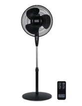 BLACK+DECKER front view of pedestal fan showing controls and stability benefits