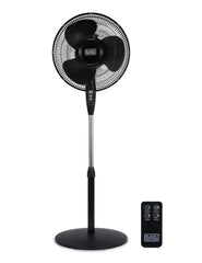 BLACK+DECKER front view of pedestal fan showing controls and stability benefits