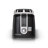 BLACK+DECKER front view of toaster showing sleek compact design and fast performance