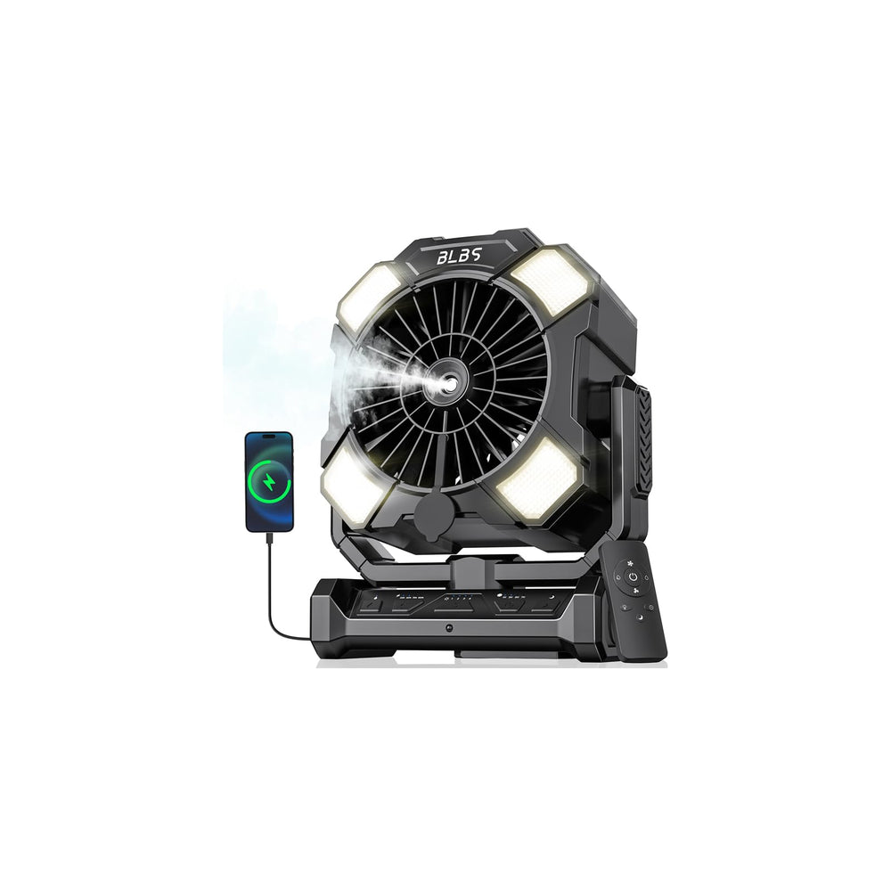 BLBS misting fan front angle showing compact design and benefit of portable cooling