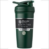 BlenderBottle vista frontal 24 oz verde mostrando diseño resistente y tapa segura
