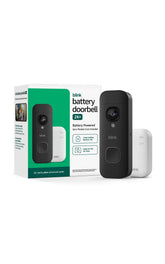 Blink Battery Doorbell 2K+ front view showing sleek black design and camera, enhances curbside security