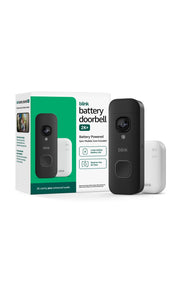 Blink Battery Doorbell 2K+ front view showing sleek black design and camera, enhances curbside security